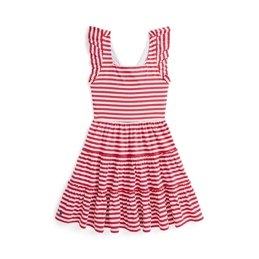 Polo Ralph Lauren‎ Girls Striped Ruffled Jersey Dress Red White Size  XL 16